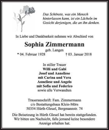 Anzeige von Sophia Zimmermann von  Sonntags-Post 