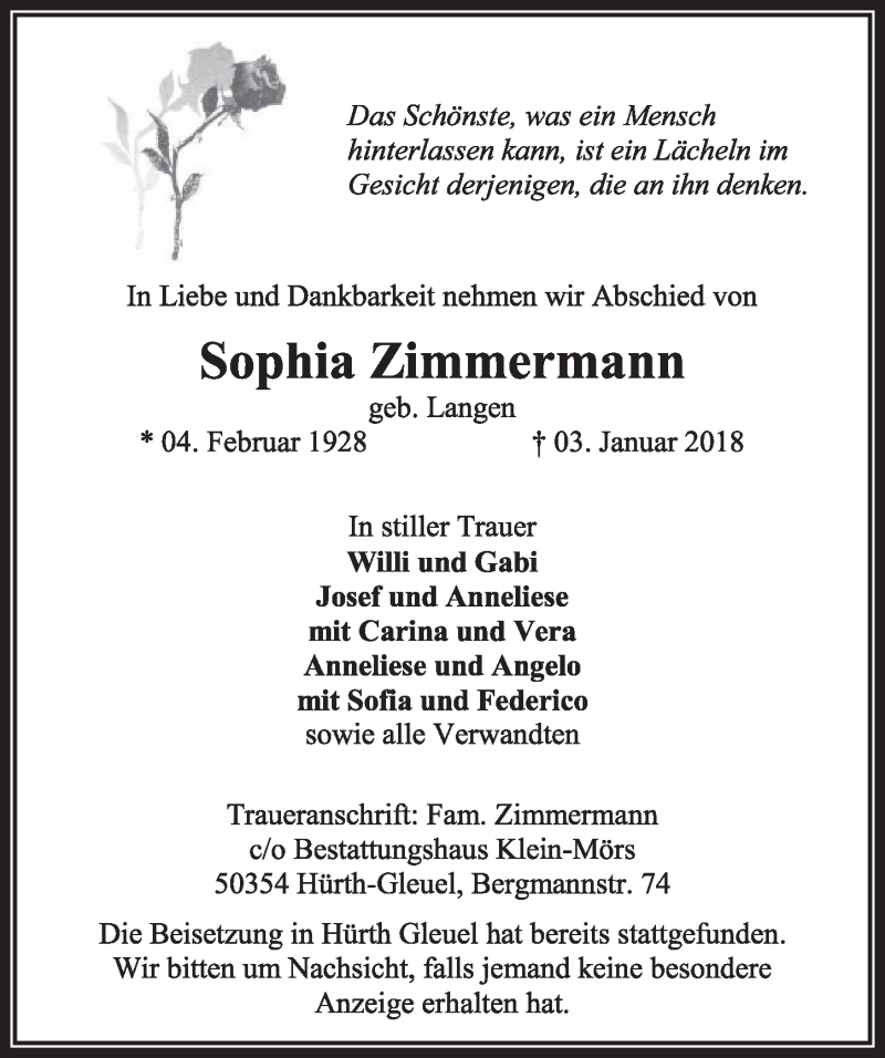  Traueranzeige für Sophia Zimmermann vom 13.01.2018 aus  Sonntags-Post 