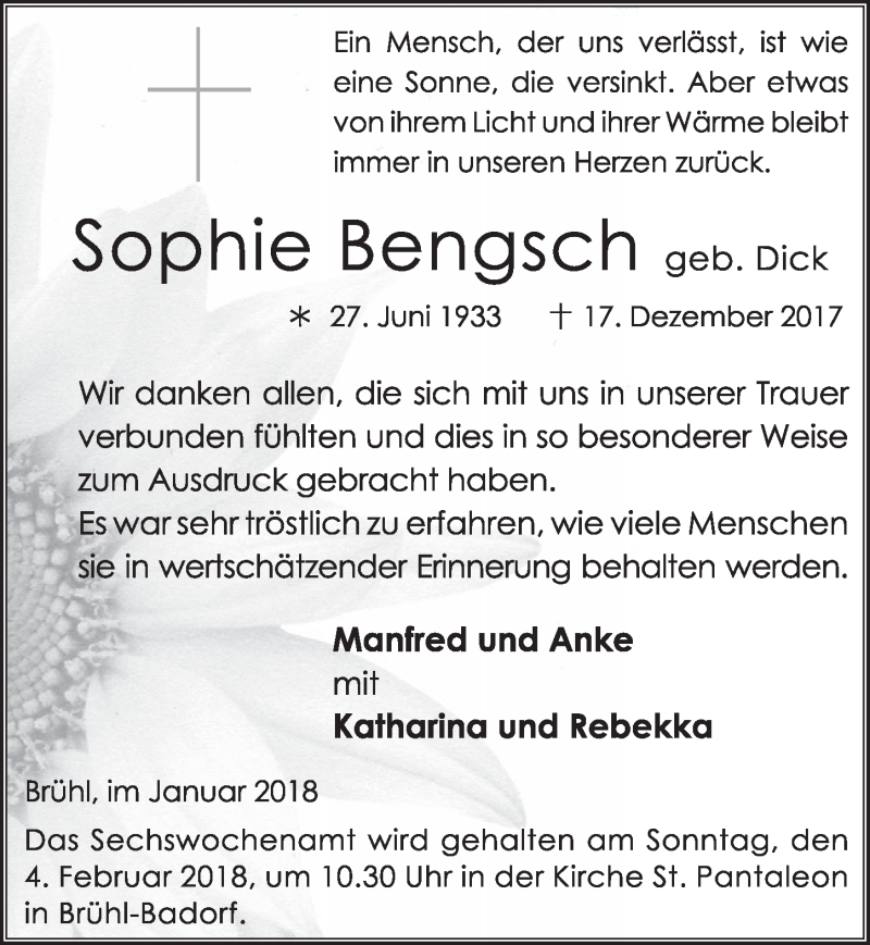  Traueranzeige für Sophie  Bengsch vom 24.01.2018 aus  Schlossbote/Werbekurier 