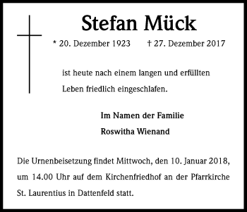 Anzeige von Stefan Mück von Kölner Stadt-Anzeiger / Kölnische Rundschau / Express