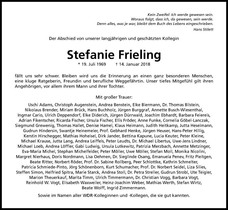  Traueranzeige für Stefanie Frieling vom 27.01.2018 aus Kölner Stadt-Anzeiger / Kölnische Rundschau / Express