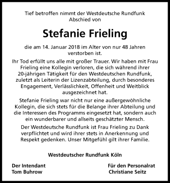 Anzeige von Stefanie Frieling von Kölner Stadt-Anzeiger / Kölnische Rundschau / Express