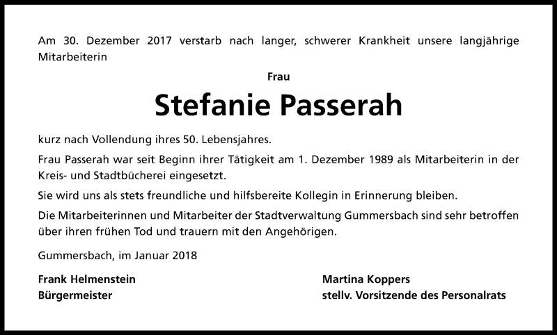  Traueranzeige für Stefanie Passerah vom 06.01.2018 aus Kölner Stadt-Anzeiger / Kölnische Rundschau / Express