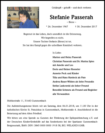 Anzeige von Stefanie Passerah von Kölner Stadt-Anzeiger / Kölnische Rundschau / Express