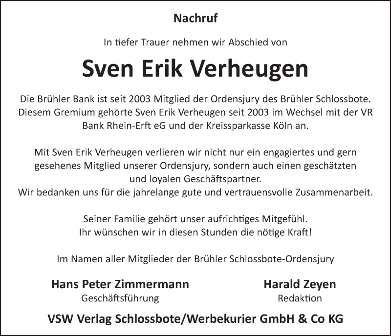  Traueranzeige für Sven Erik Verheugen vom 17.01.2018 aus  Schlossbote/Werbekurier 