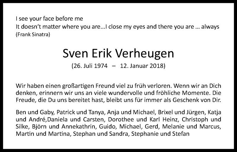  Traueranzeige für Sven Erik Verheugen vom 20.01.2018 aus Kölner Stadt-Anzeiger / Kölnische Rundschau / Express