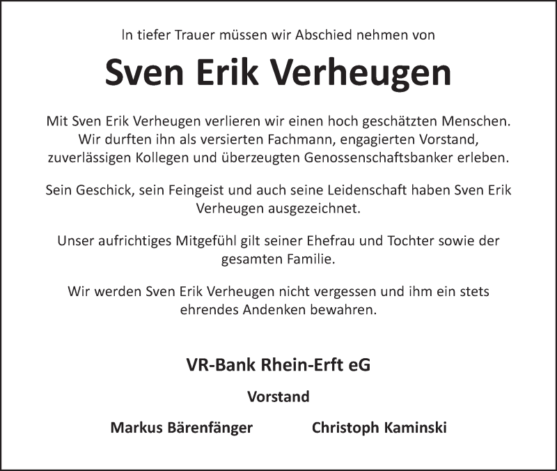  Traueranzeige für Sven Erik Verheugen vom 24.01.2018 aus  Schlossbote/Werbekurier 
