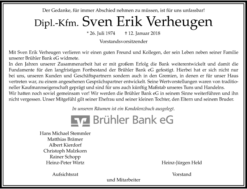  Traueranzeige für Sven Erik Verheugen vom 20.01.2018 aus Kölner Stadt-Anzeiger / Kölnische Rundschau / Express