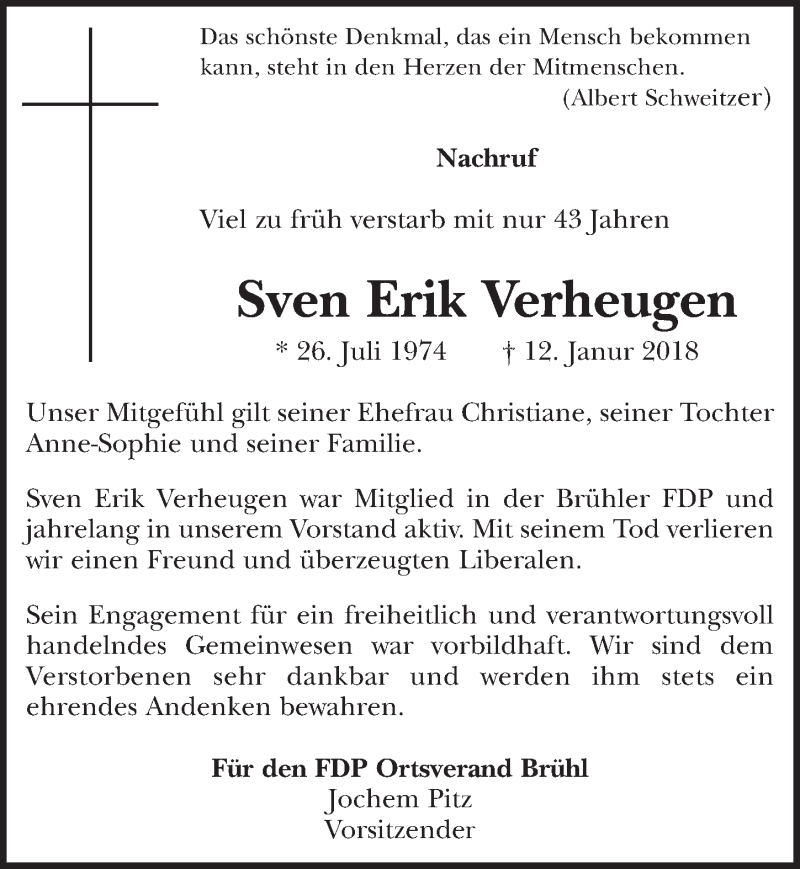  Traueranzeige für Sven Erik Verheugen vom 24.01.2018 aus  Schlossbote/Werbekurier 