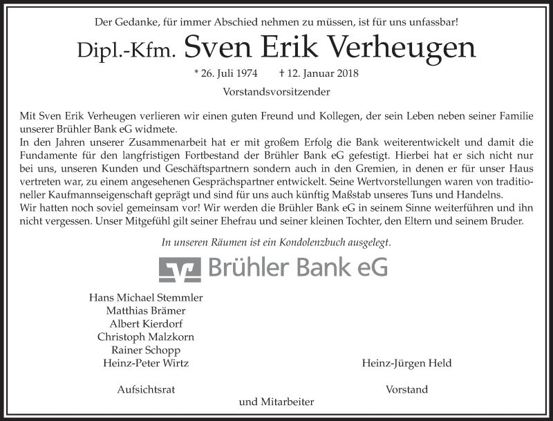  Traueranzeige für Sven Erik Verheugen vom 17.01.2018 aus  Schlossbote/Werbekurier 