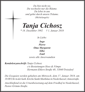 Anzeige von Tanja Cichosz von  Extra Blatt 