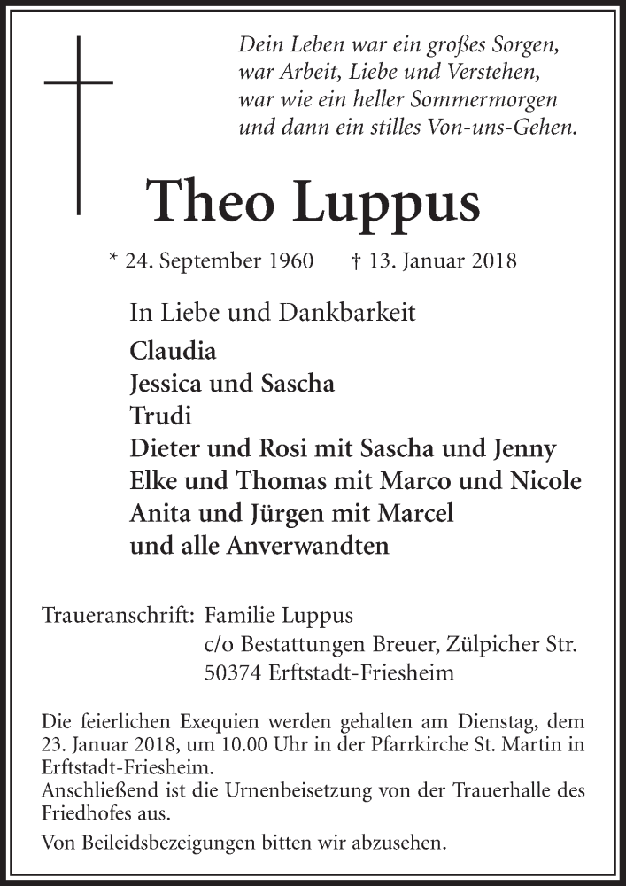  Traueranzeige für Theo Luppus vom 20.01.2018 aus  Blickpunkt Euskirchen 