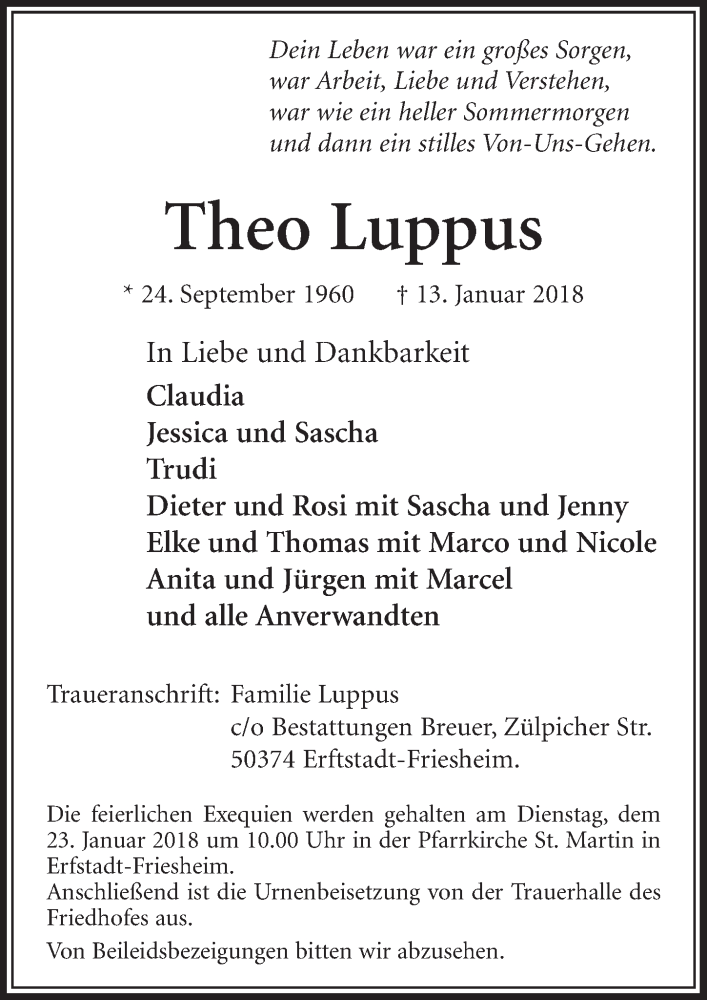  Traueranzeige für Theo Luppus vom 20.01.2018 aus  Sonntags-Post 
