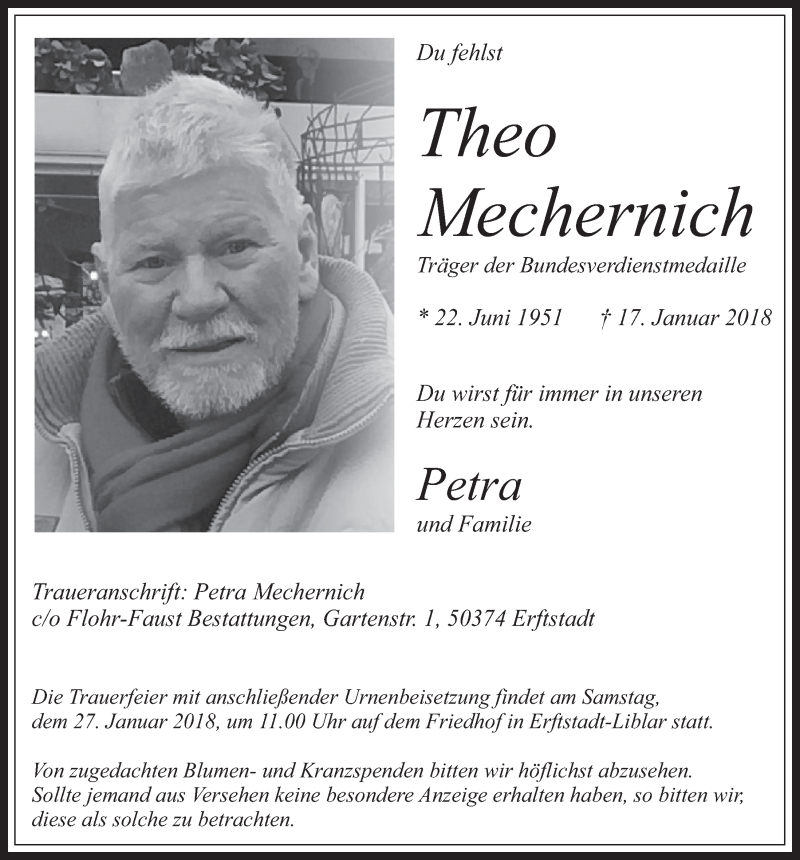  Traueranzeige für Theo Mechernich vom 24.01.2018 aus  Werbepost 