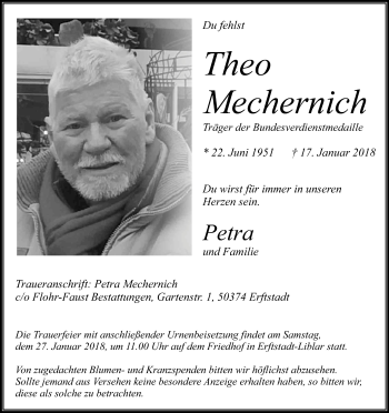 Anzeige von Theo Mechernich von Kölner Stadt-Anzeiger / Kölnische Rundschau / Express