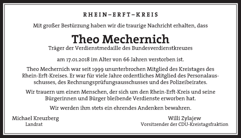  Traueranzeige für Theo Mechernich vom 24.01.2018 aus  Wochenende  Werbepost 