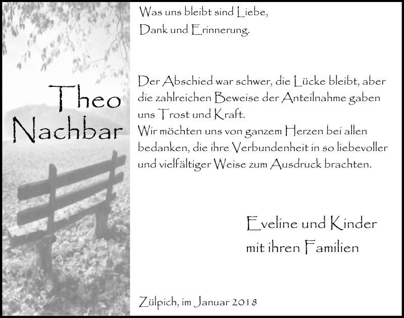  Traueranzeige für Theo Nachbar vom 20.01.2018 aus  Blickpunkt Euskirchen 