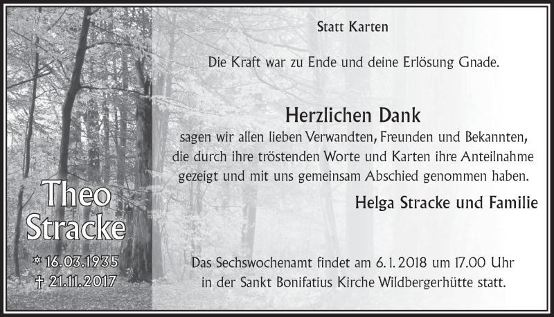  Traueranzeige für Theo Stracke vom 03.01.2018 aus  Anzeigen Echo 