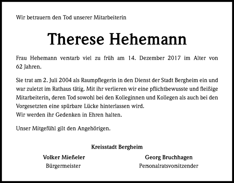  Traueranzeige für Therese Hehemann vom 06.01.2018 aus Kölner Stadt-Anzeiger / Kölnische Rundschau / Express