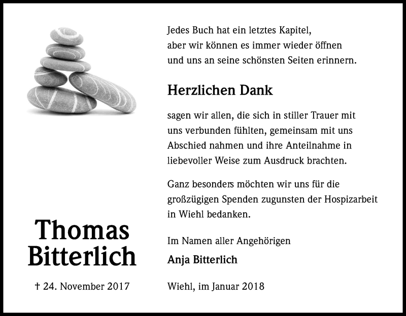  Traueranzeige für Thomas Bitterlich vom 20.01.2018 aus Kölner Stadt-Anzeiger / Kölnische Rundschau / Express