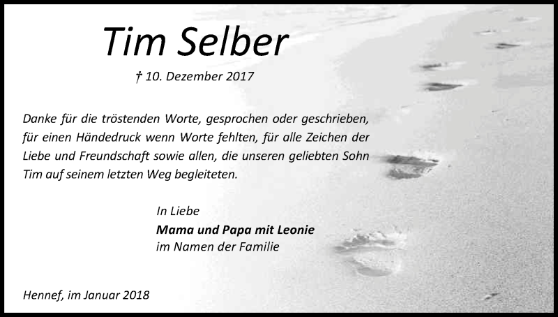  Traueranzeige für Tim Selber vom 27.01.2018 aus Kölner Stadt-Anzeiger / Kölnische Rundschau / Express