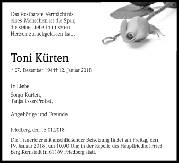 Anzeige von Toni Kürten von Kölner Stadt-Anzeiger / Kölnische Rundschau / Express