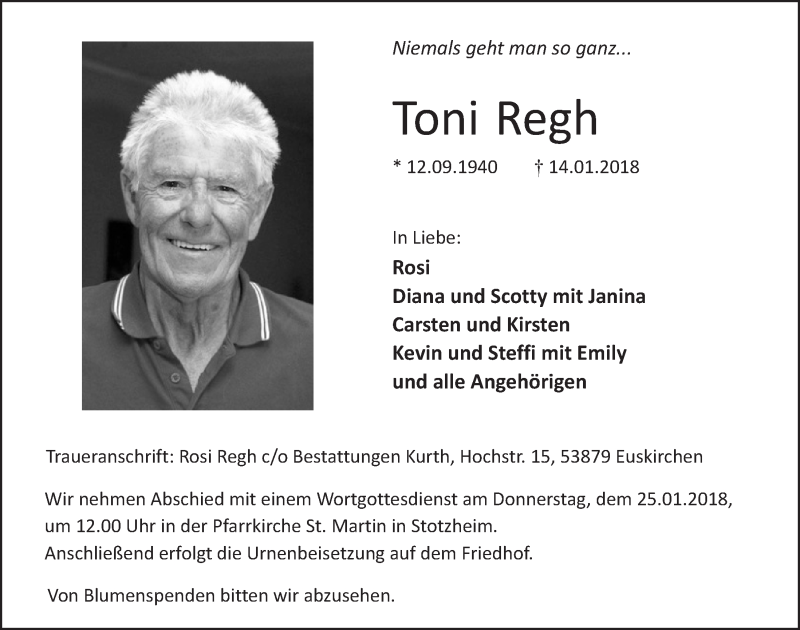  Traueranzeige für Toni Regh vom 20.01.2018 aus  Blickpunkt Euskirchen 
