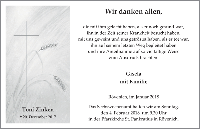  Traueranzeige für Toni Zinken vom 27.01.2018 aus  Blickpunkt Euskirchen 