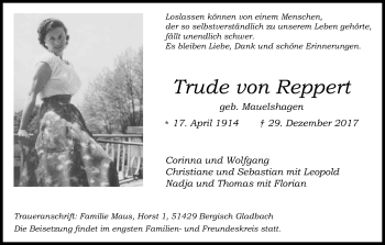Anzeige von Trude von Reppert von Kölner Stadt-Anzeiger / Kölnische Rundschau / Express