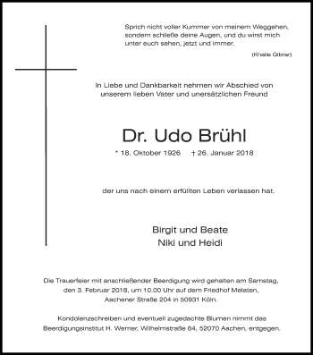 Anzeige von Udo Brühl von Kölner Stadt-Anzeiger / Kölnische Rundschau / Express