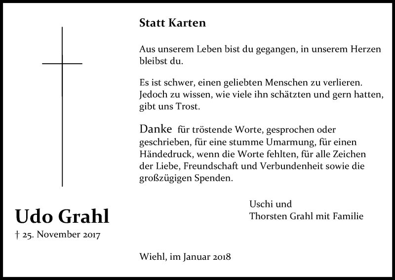  Traueranzeige für Udo Grahl vom 13.01.2018 aus Kölner Stadt-Anzeiger / Kölnische Rundschau / Express