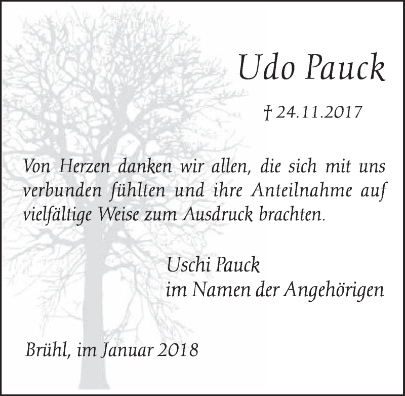  Traueranzeige für Udo Pauck vom 24.01.2018 aus  Schlossbote/Werbekurier 