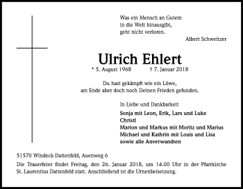 Anzeige von Ulrich Ehlert von Kölner Stadt-Anzeiger / Kölnische Rundschau / Express