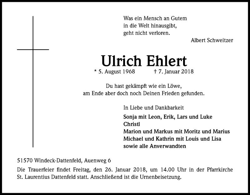  Traueranzeige für Ulrich Ehlert vom 20.01.2018 aus Kölner Stadt-Anzeiger / Kölnische Rundschau / Express