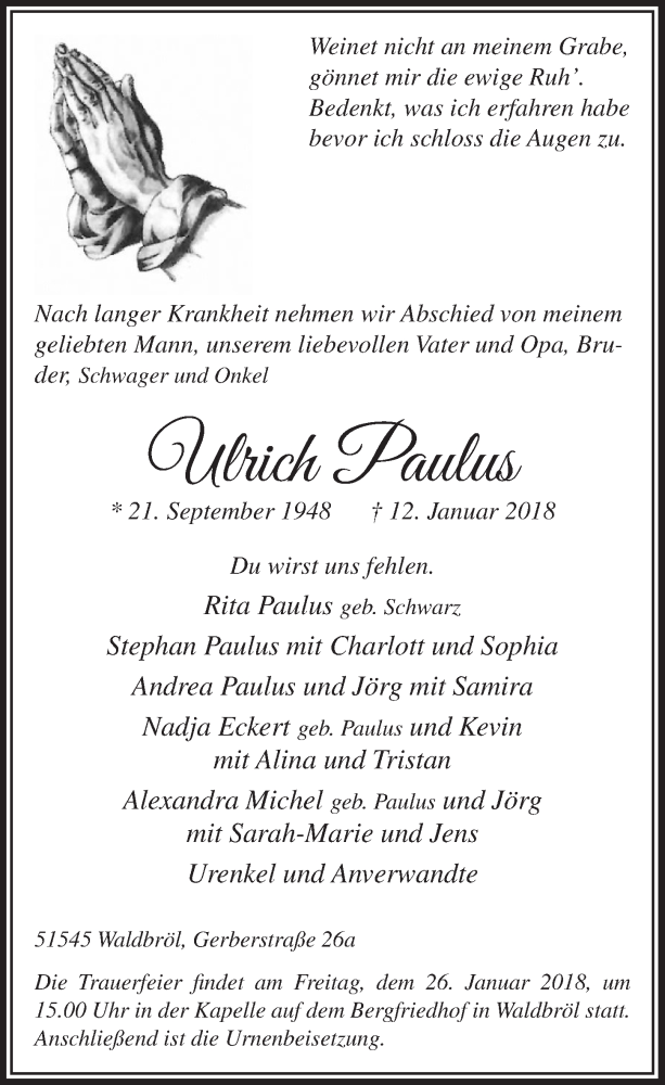  Traueranzeige für Ulrich Paulus vom 24.01.2018 aus  Lokalanzeiger 