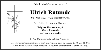 Anzeige von Ulrich Ratunde von  Anzeigen Echo 