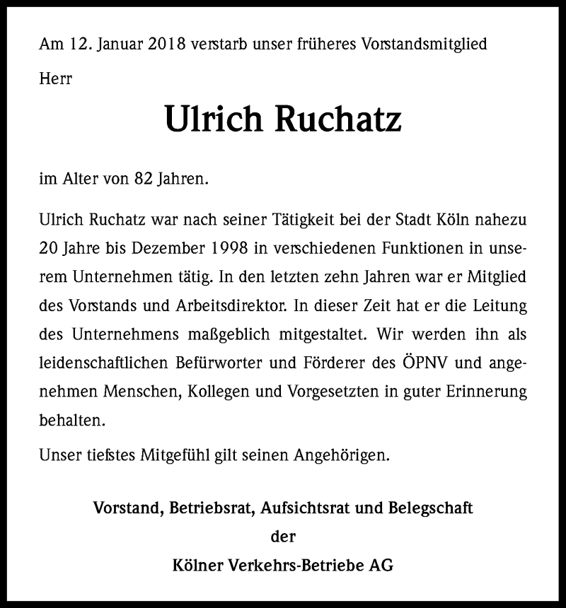  Traueranzeige für Ulrich Ruchatz vom 20.01.2018 aus Kölner Stadt-Anzeiger / Kölnische Rundschau / Express