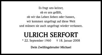 Anzeige von Ulrich Serfort von Kölner Stadt-Anzeiger / Kölnische Rundschau / Express