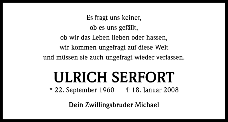  Traueranzeige für Ulrich Serfort vom 18.01.2018 aus Kölner Stadt-Anzeiger / Kölnische Rundschau / Express