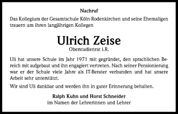 Anzeige von Ulrich Zeise von Kölner Stadt-Anzeiger / Kölnische Rundschau / Express