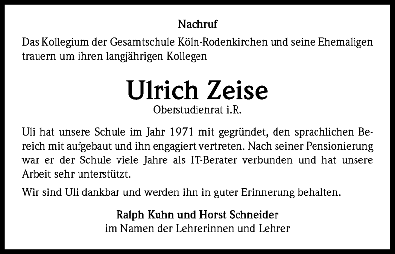  Traueranzeige für Ulrich Zeise vom 19.01.2018 aus Kölner Stadt-Anzeiger / Kölnische Rundschau / Express