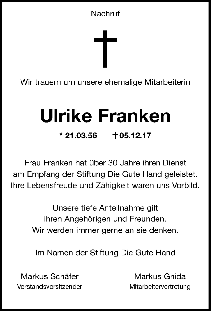  Traueranzeige für Ulrike Franken vom 06.01.2018 aus Kölner Stadt-Anzeiger / Kölnische Rundschau / Express
