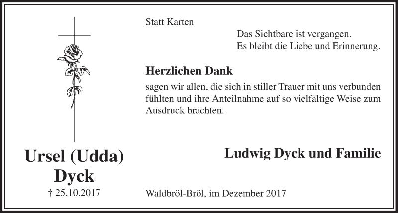  Traueranzeige für Ursel Dyck vom 10.01.2018 aus  Lokalanzeiger 