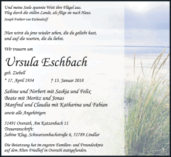Anzeige von Ursula Eschbach von Kölner Stadt-Anzeiger / Kölnische Rundschau / Express