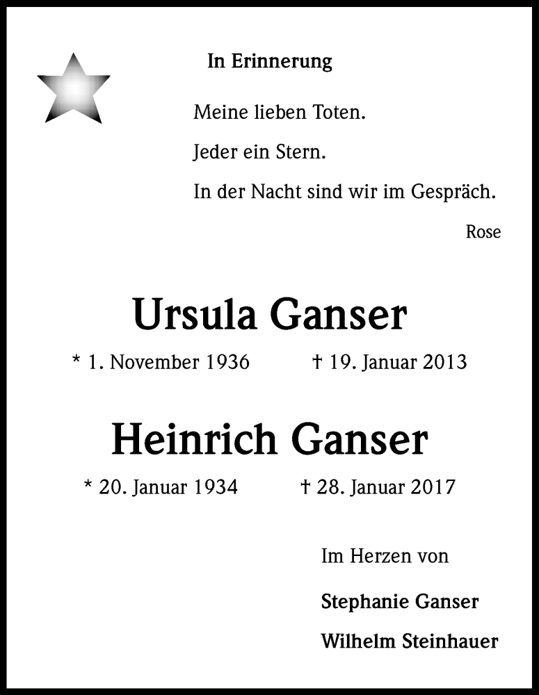  Traueranzeige für Ursula Ganser vom 27.01.2018 aus Kölner Stadt-Anzeiger / Kölnische Rundschau / Express