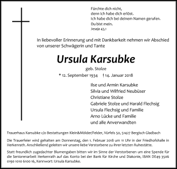 Anzeige von Ursula Karsubke von Kölner Stadt-Anzeiger / Kölnische Rundschau / Express