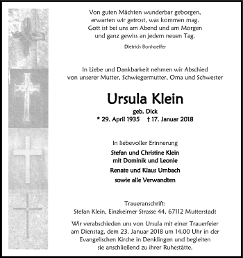 Anzeige von Ursula Klein von Kölner Stadt-Anzeiger / Kölnische Rundschau / Express
