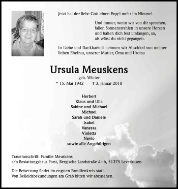 Anzeige von Ursula Meuskens von Kölner Stadt-Anzeiger / Kölnische Rundschau / Express