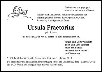 Anzeige von Ursula Praetorius von Kölner Stadt-Anzeiger / Kölnische Rundschau / Express