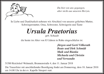 Anzeige von Ursula Praetorius von  Anzeigen Echo 